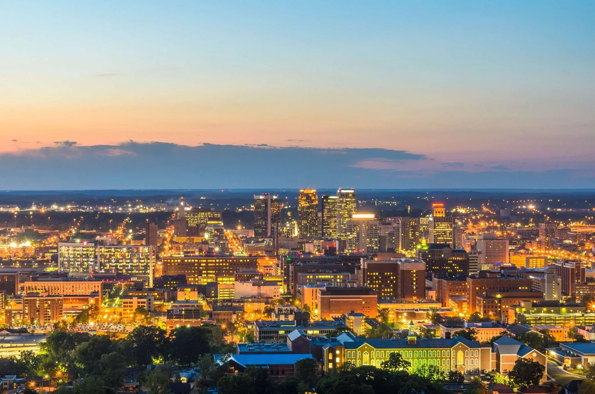 Panoramic view of Birmingham Alabama skyline at sunset